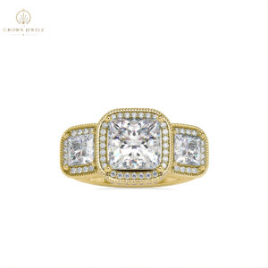 Regal Radiance Three-Stone Halo Ring