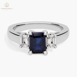 Emerald Cut Sapphire and Diamond Ring in Platinum