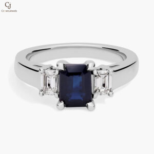 Emerald Cut Sapphire and Diamond Ring in Platinum