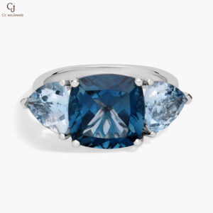 Cushion London Blue Topaz and Aquamarine Trillion Ring in 14k White Gold