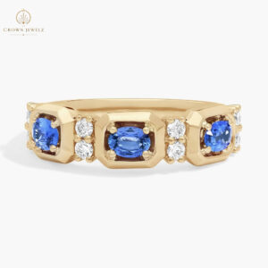 East-West Oval Cut Blue Sapphire Ring With Diamond Accent In 14K White Gold