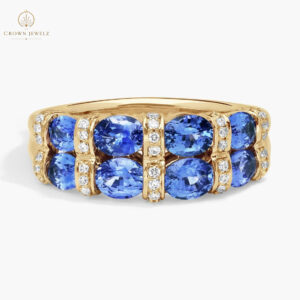 East-West Double Row Oval Cut Blue Sapphire and Pavé Diamond Ring In 14K White Gold