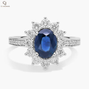 Oval Sapphire and Diamond Halo Ring in 18k White Gold