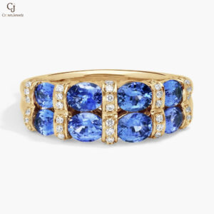 East-West Double Row Oval Cut Blue Sapphire and Pavé Diamond Ring In 14K White Gold