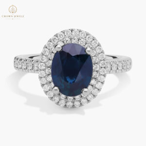 Oval Sapphire and Diamond Double Halo Micropavé Ring in 18k White Gold