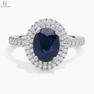 Oval Sapphire and Diamond Double Halo Micropavé Ring in 18k White Gold