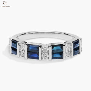 Alternating Sapphire Baguette and Diamond Ring in 14k White Gold