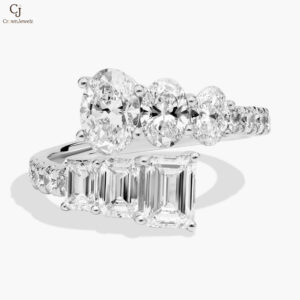 Lab Grown Diamond Oval and Emerald Crossover Ring In 14K White Gold