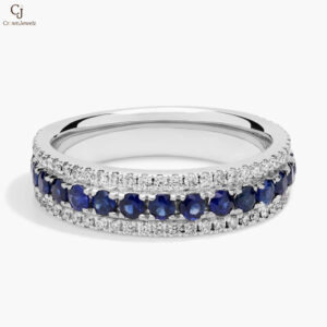 Triple Row Sapphire and Diamond Ring in 14k White Gold