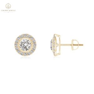 "Solitaire Bezel-Set Round Diamond Halo Stud Earrings  "