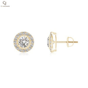 "Solitaire Bezel-Set Round Diamond Halo Stud Earrings  "
