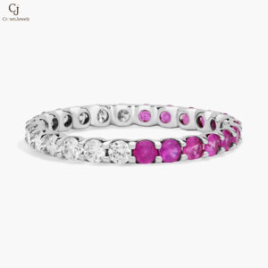 Half and Half Pink Sapphire and Diamond Eternity Ring in 14K White Gold