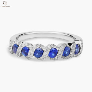 Round Sapphire and Diamond Band in 14k White Gold