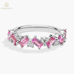 Romantic Emerald Pink Sapphire and Diamond Ring in 14k White Gold