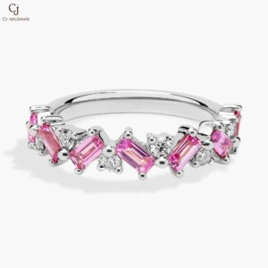 Romantic Emerald Pink Sapphire and Diamond Ring in 14k White Gold