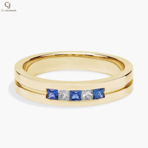 Men's Princess-Cut Diamond and Sapphire Wedding Ring in Platinum