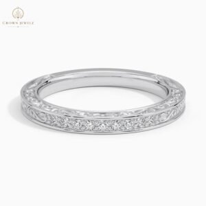 Antique Scroll Engraved Eternity Diamond Ring 18K White Gold