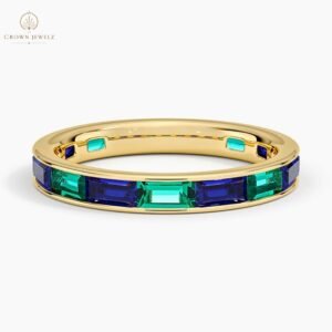 Channel Set Baguette Lab Sapphire and Lab Emerald Ring in 14K Rose Gold